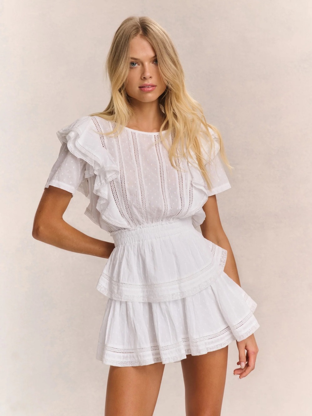 LoveShackFancy White Natasha Eyelet Ruffle Mini Dress
